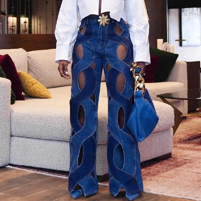 Metal button hollow Fried Dough Twists love jeans（CL11939） Chic Vintage-Inspired Denim Jeans