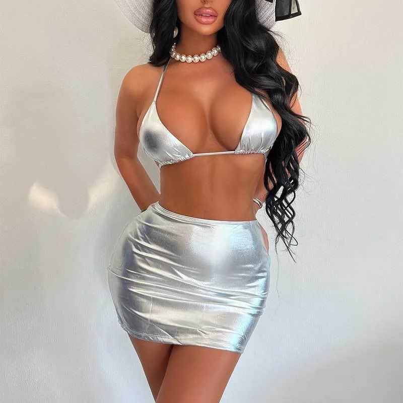 Swimsuit Three Piece Bikini Silver Lace Up Bronzing Swimsuit Three Piece Swimsuit High-cut bikini, Sexy, Retro, Comfortable