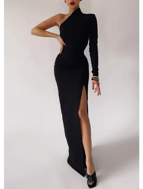 Mermaid Black Dress Evening Gown Minimalist Dress Formal Evening Sweep / Brush Train Long Sleeve One Shoulder Fall Wedding Guest Stretch Fabric with Slit Pure Color sweetheart Neckline Romantic