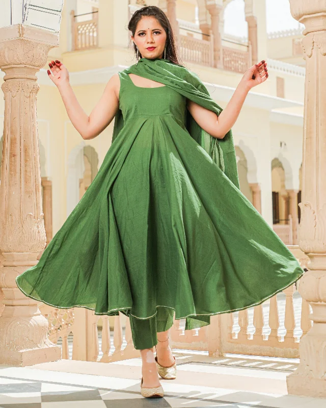 Women Green Anarkali Kurta with Pant & Dupatta by Baisacrafts (3pcs Set) Trendy Wide-Leg Pants