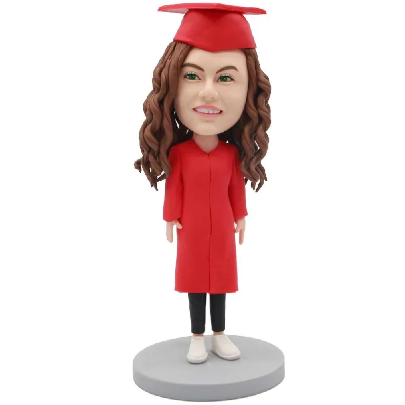 Custom Happy Female Graduation Bobbleheads In Red Gown And Black Pants Elegant Silk Pants