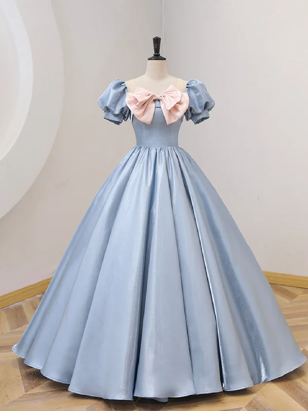 Blue Satin Floor Length Prom Dress with Bow, Blue A-Line Evening Formal Dress Tunics Business professional