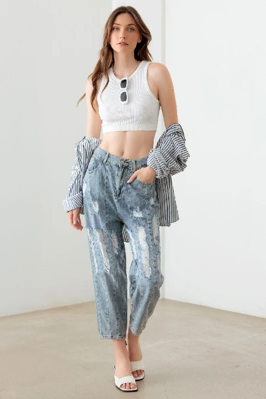 Light Blue Wash Barrel Leg High Waist Distressed Jeans Trendy Low-Rise Bootcut Jeans