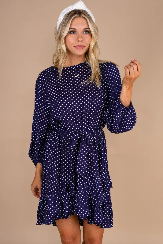 The Time Is Now Navy Blue Polka Dot Dress Tunics stripes playful