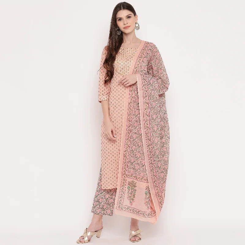 Women's Foil Print & Gota Patti Work Straight Cotton Peach Kurta,Pant & Dupatta  - Vbuyz Comfortable Cargo Pants