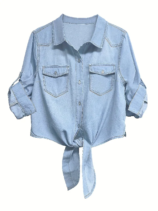 Plain Light Washed Blue Knot Front Casual Style Button Up Denim Shirts Top, Women's Denim Jeans & Clothing-- Print Jacquard Patchwork