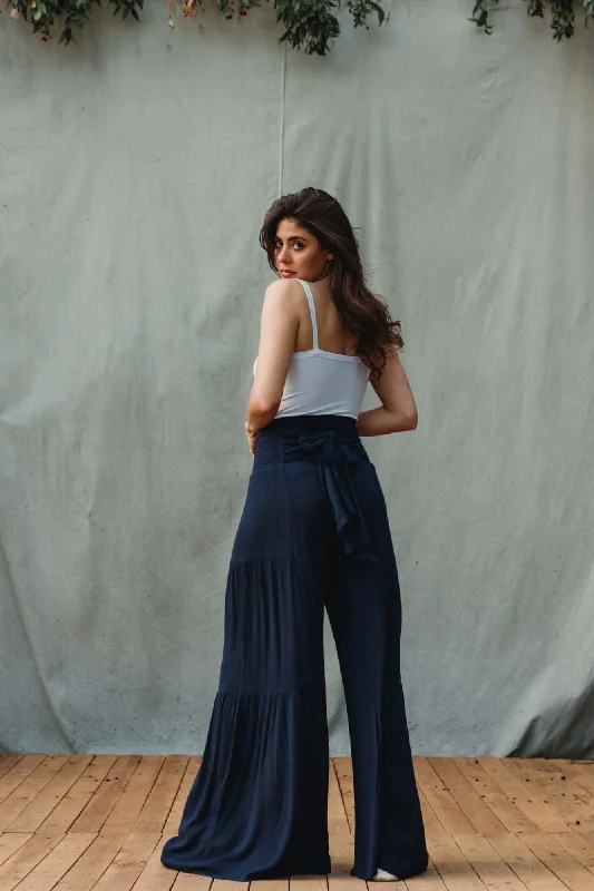 TIE WAIST TIERED WIDE LEG PANT - AIZONE Chic Checkered Pants