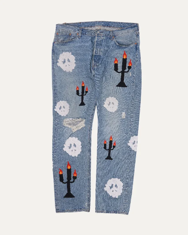 Levi's Virgil Abloh 'Message In A Tear' Embroidered 501 Jeans Classic Blue Denim Jeans