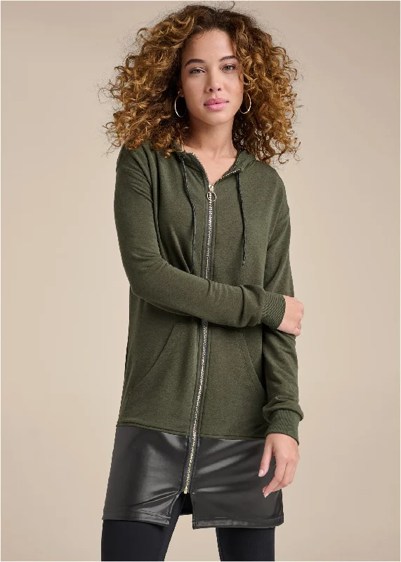 Faux-Leather Tunic Jacket - Olive & Black Zip Front Button Front Snap Front