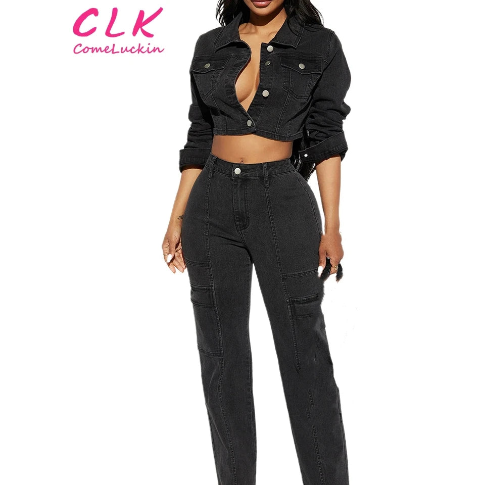 2023 Autumn Casual Long Sleeves Denim Jacket And Long Pants Fashion Streetwear Two Piece Set For Women Notch Collar Jacket Peter Pan Collar Jacket Cowl Neck Jacket