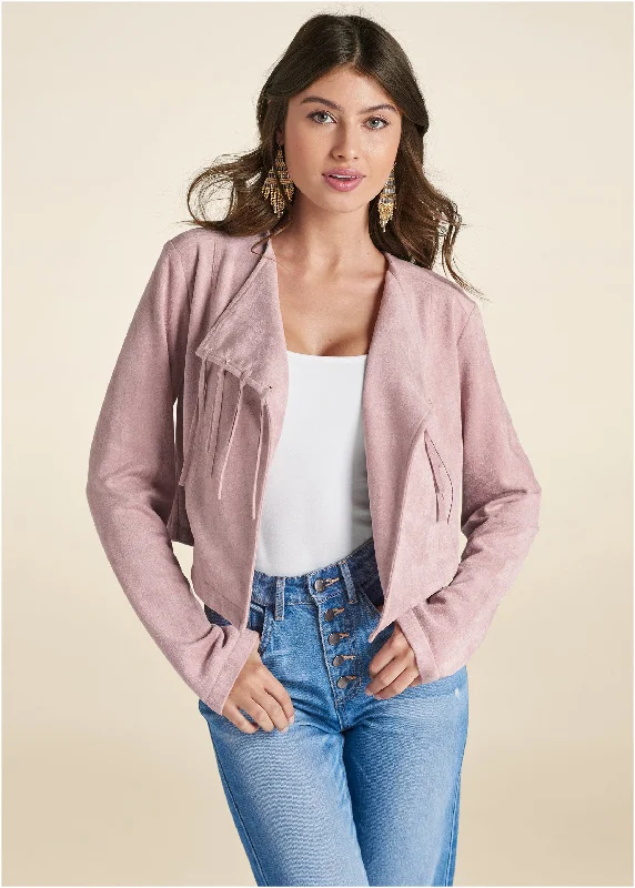 Faux Suede Waterfall Jacket - Pink Toggled Jacket Drawstring Jacket Belted Jacket