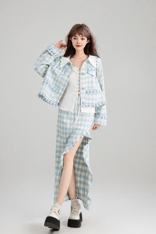 Blue And White Plaid French Short Jacket/Slit Skirt KEI0169 Tailored Jacket Straight Jacket A-Line Jacket