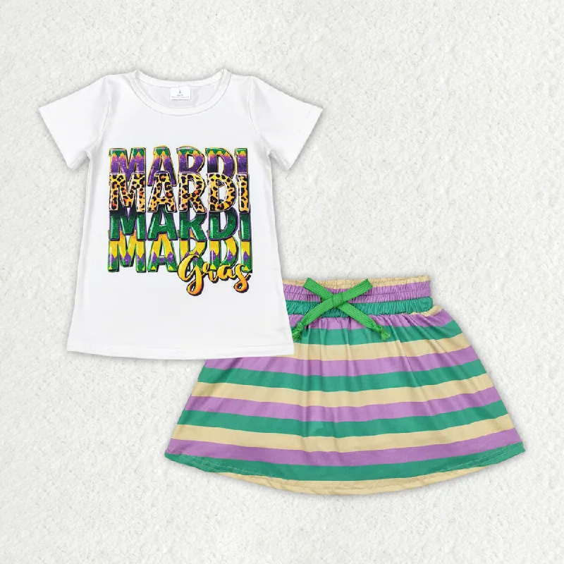 RTS NO MOQ ETA 5/7days Arrived GT0442+GLK0037 Mardi Gras lettering white short-sleeved top Carnival yellow, green and purple striped culottes skirt sets linen skirt breathable