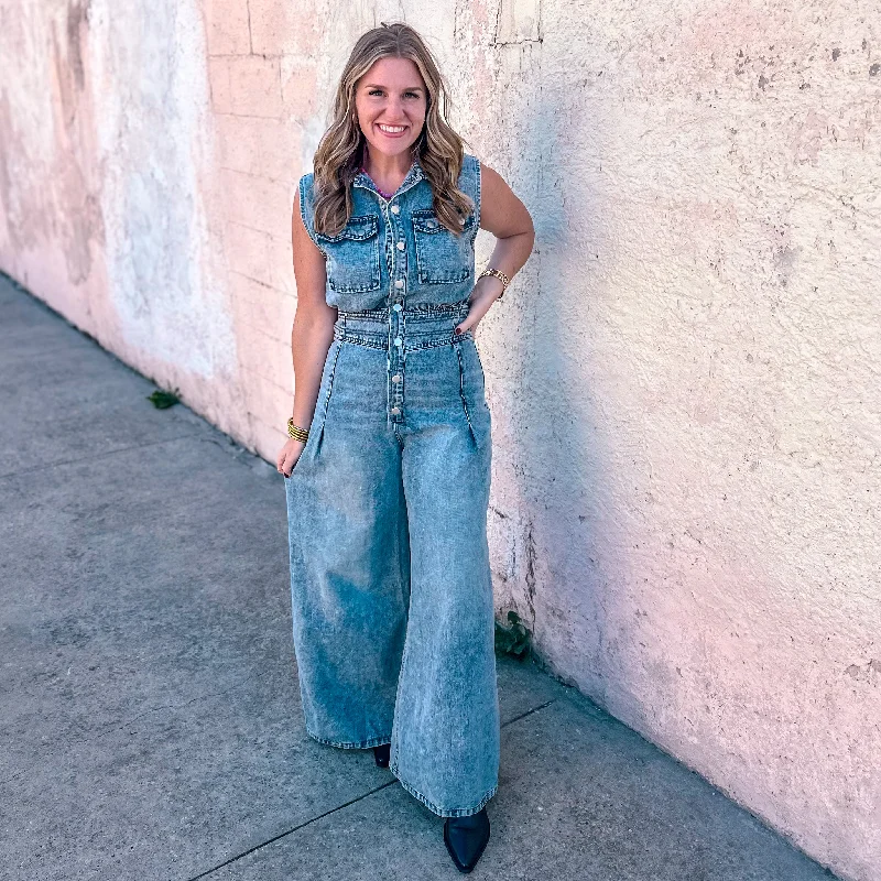 Country Roads Sleeveless Denim Romper Ribbed Bodycon Romper Sleek
