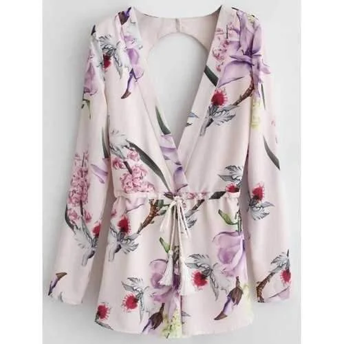 Floral Print Long Sleeve Cut Out Romper - Pink M Glam Rhinestone Romper Fancy
