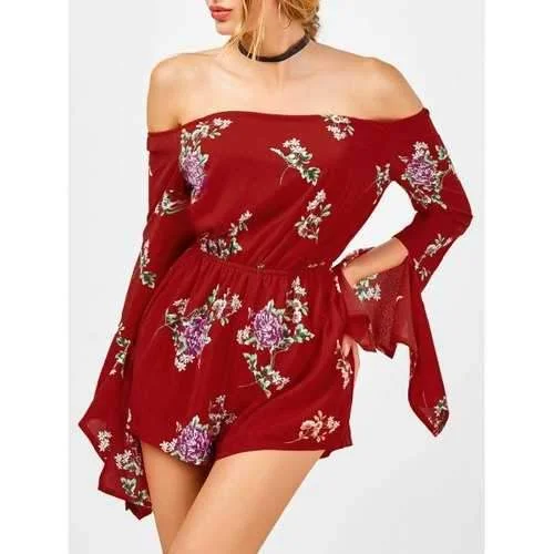 Floral Off The Shoulder Long Sleeve Flowy Romper - Red M Geometric Print Romper Stylish