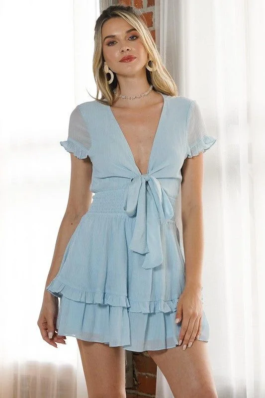 V Neck Tiered Mini Romper Faux Fur Romper Luxe