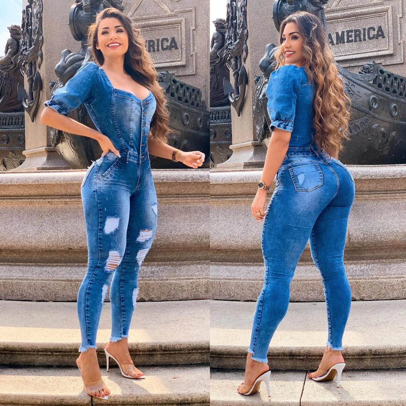 Women Buttons Sexy Denim Jumpsuit Hole Long Rompers Pocket Bodycon Summer Jeans Overalls Casual Fashion Party Club Playsuit Puffy Bubble Romper Stylish